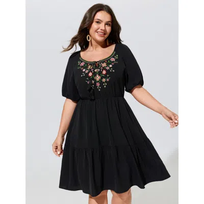 Bloomchic Floral Embroidered Neckline Tiered Mini Dress In Black