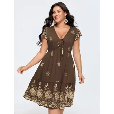 Bloomchic Floral Embroidered Neck-tie Mini Dress In Brown