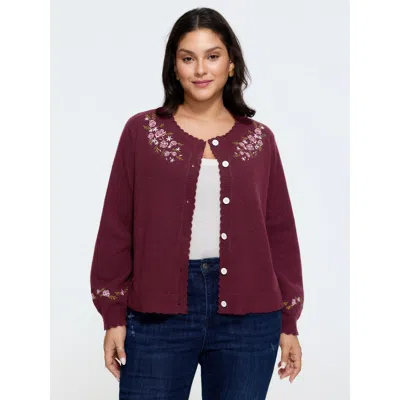 Bloomchic Floral Embroidered Scallop Trim Cardigan In Burgundy