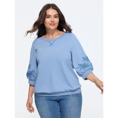 Bloomchic Floral Embroidered Sleeve Crew Neck Sweatshirt In Blue