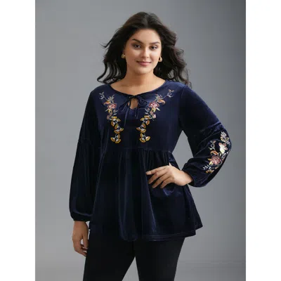 Bloomchic Floral Embroidered Velvet Tie Knot Blouse In Purple