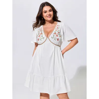 Bloomchic Floral Embroidered V-neck Ruffled Hem Mini Dress In White