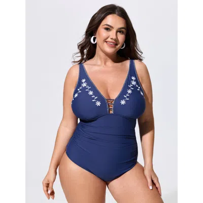 Bloomchic Floral Embroidered V-neckline One-piece Swim In Blue