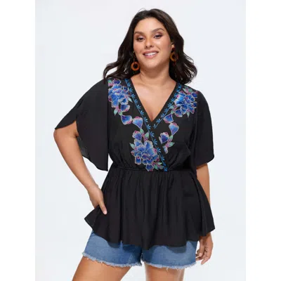 Bloomchic Floral Embroidered Wrap Neckline Top In Black