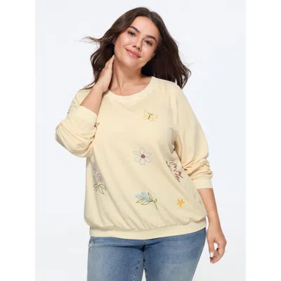 Bloomchic Floral Embroidery Crew Neck Sweatshirt In Ivory