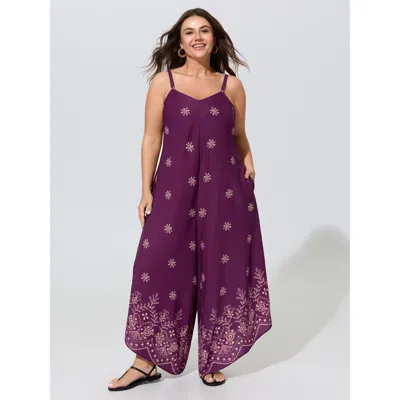 Bloomchic Floral Embroidery Pocket Wide Leg Jumpsuit In Deeppurplered
