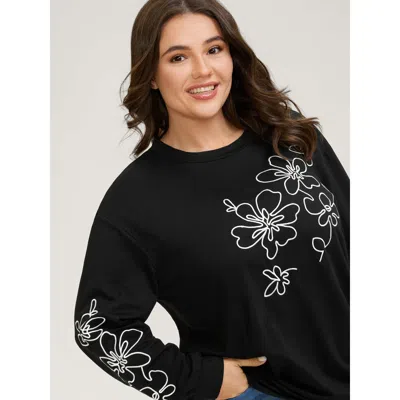 Bloomchic Floral Embroidery Print Relaxed Fit Sweatshirt In Black