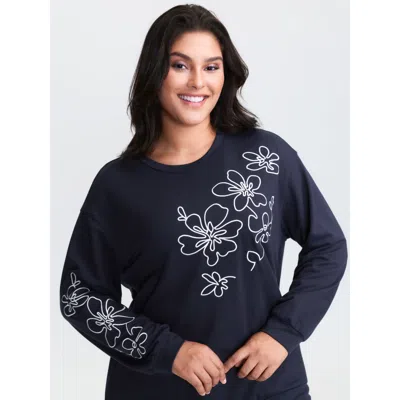Bloomchic Floral Embroidery Print Relaxed Fit Sweatshirt In Blue