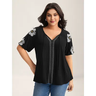 Bloomchic Floral Embroidery Textured Neck Tie Blouse In Black