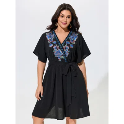 Bloomchic Floral Embroidery Wrap Style Belted Mini Dress In Black