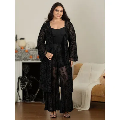 Bloomchic Floral Flocked Mesh Bell Sleeve Open Front Kimono In Black