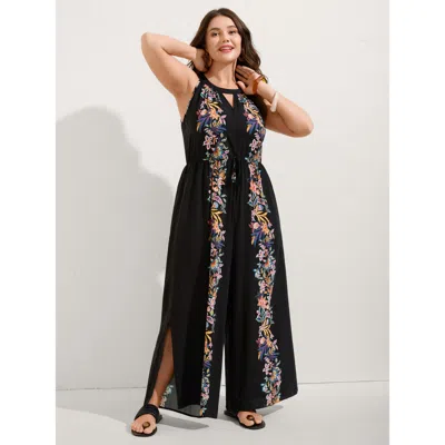 Bloomchic Floral Halter Neck Slit Hem Jumpsuit In Black