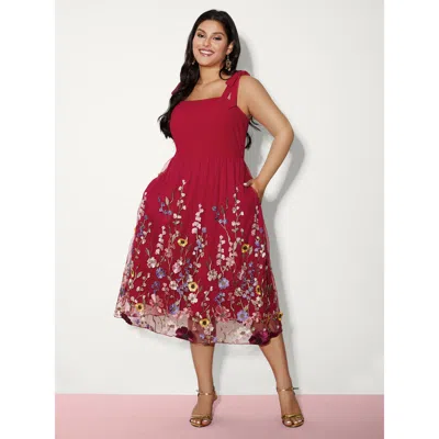 Bloomchic Floral Hem Shoulder-tie Midi Dress In Burgundy