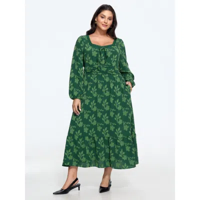 Bloomchic Floral Jacquard Lace Trim Tie Front Midi Dress In Green