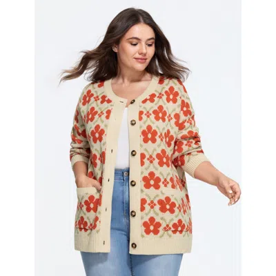 Bloomchic Floral Jacquard Pocket Button Down Cardigan In Multi