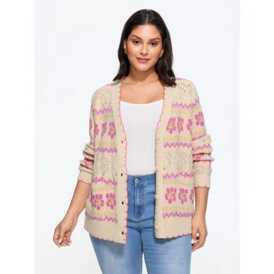 Bloomchic Floral Jacquard Pocket Cut Out Cardigan In Peach
