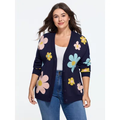 Bloomchic Floral Jacquard V Neck Button Down Cardigan In Blue