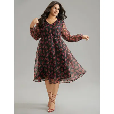 Bloomchic Floral Mesh Elastic Waist Lantern Sleeve Dress In Brown