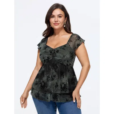 Bloomchic Floral Mesh Layered Fit And Flare Knit Top In Cyan