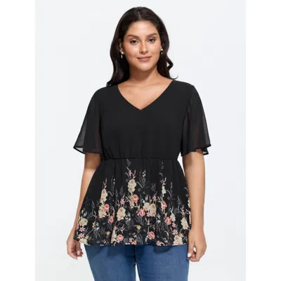 Bloomchic Floral Mesh V-neck Fit And Flare Top In Black