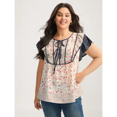 Bloomchic Floral Panel Ruffled Sleeve Blouse In Black