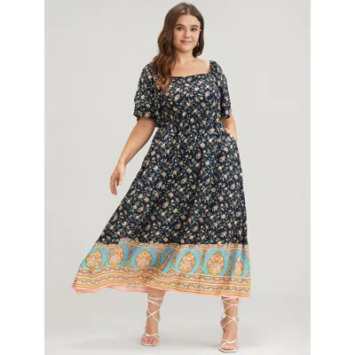 Bloomchic Floral Pocket Ruffles Square Neck Midi Dress In Blue