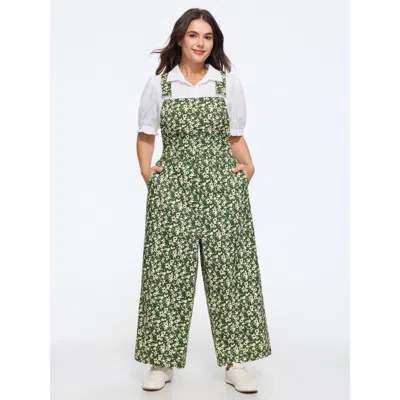 Bloomchic Floral Print Adjustable Strap Wide Leg Overalls Jumpsuit In Green