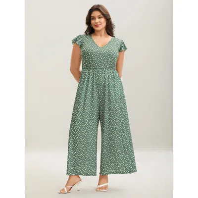 Bloomchic Floral Print Backless Ruffled Jumpsuit In Green