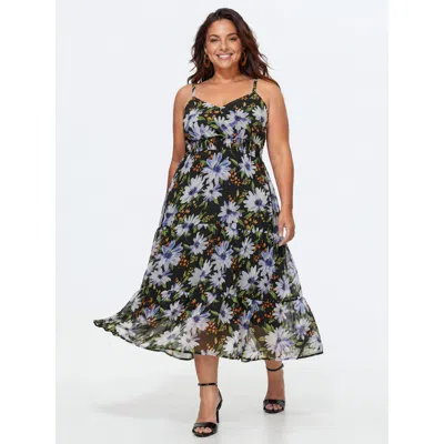 Bloomchic Floral Print Back-tie Midi Dress In Black