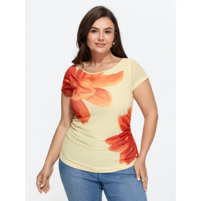 Bloomchic Floral Print Boat Neckline Fitted T-shirt In Orange