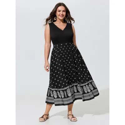 Bloomchic Floral Print Bust-friendly Color Contrast Flowy Midi Dress In Black