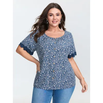 Bloomchic Floral Print Buttons Lace Sleeve Blouse In Blue