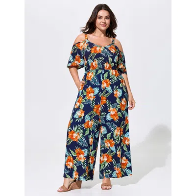 Bloomchic Floral Print Cold-shoulder Breezy Jumpsuit In Blue
