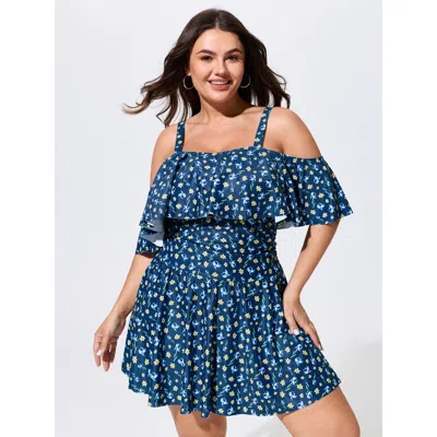 Bloomchic Floral Print Cold-shoulder Swim Dress In Blue