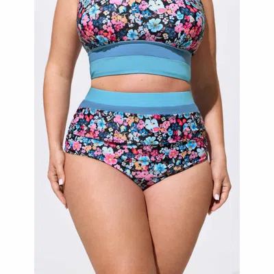 Bloomchic Floral Print Color Contrast Bikini Bottoms In Blue