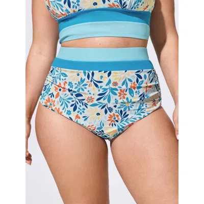 Bloomchic Floral Print Color Contrast Bikini Bottoms In Blue