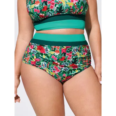 Bloomchic Floral Print Color Contrast Bikini Bottoms In Green