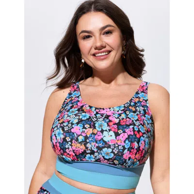 Bloomchic Floral Print Color Contrast Bikini Top In Blue