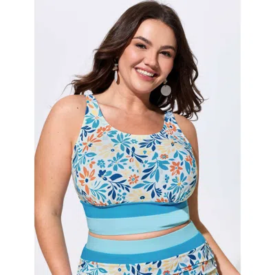 Bloomchic Floral Print Color Contrast Bikini Top In Blue