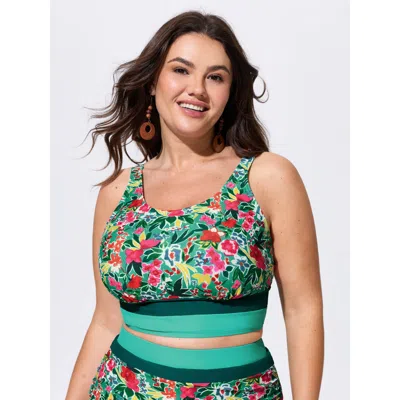 Bloomchic Floral Print Color Contrast Bikini Top In Green