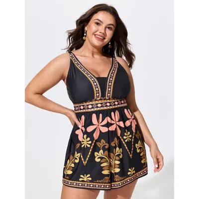 Bloomchic Floral Print Color Contrast Swim Romper In Black