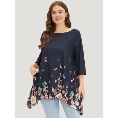 Bloomchic Floral Print Crew Neck Asymmetrical Hem T-shirt In Black