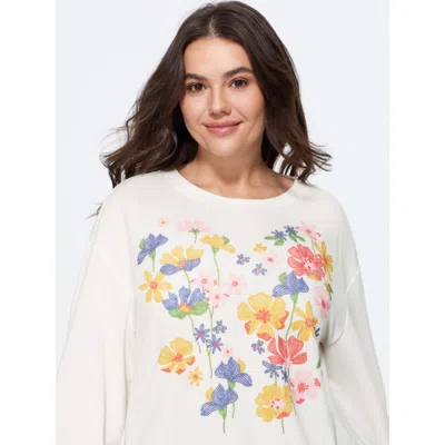 Bloomchic Floral Print Crew Neck Long Sleeve Sweatshirt In Originalwhite