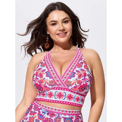 Bloomchic Floral Print Cut-out Back Swim Top In Pink