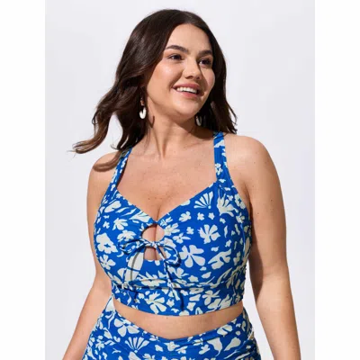 Bloomchic Floral Print Cut-out Front Swim Top In Blue