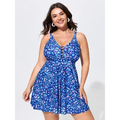 Bloomchic Floral Print Cut-out Neckline Swim Dress In Blue