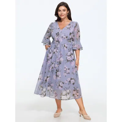 Bloomchic Floral Print Double Layer Sleeve Flowy Midi Dress In Bluepurple