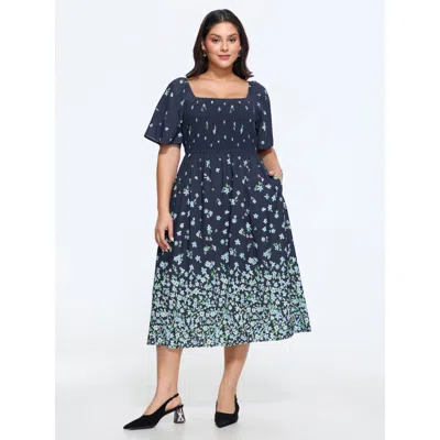 Bloomchic Floral Print Double Sleeve Shirred Midi Dress In Indigo