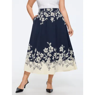 Bloomchic Floral Print Elastic Waist Pocket Midi Skirt In Indigo