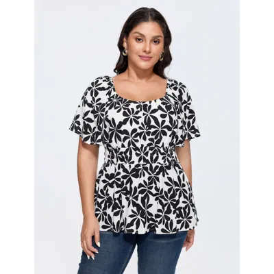 Bloomchic Floral Print Fit And Flare Blouse In Black